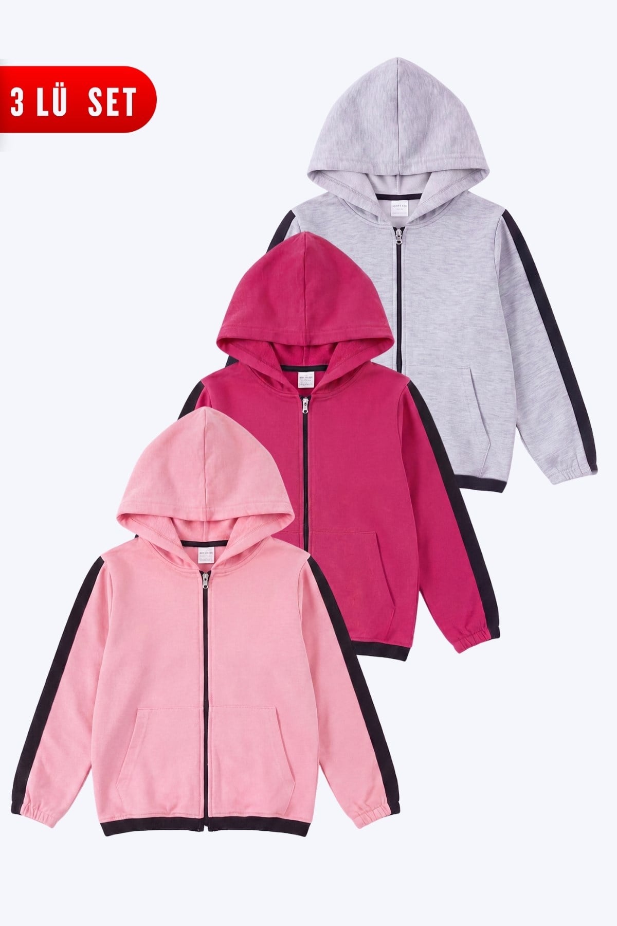 Unisex Çocuk 3'lü Şerit Detaylı Kapüşonlu Fermuarlı Sweatshirt Seti
