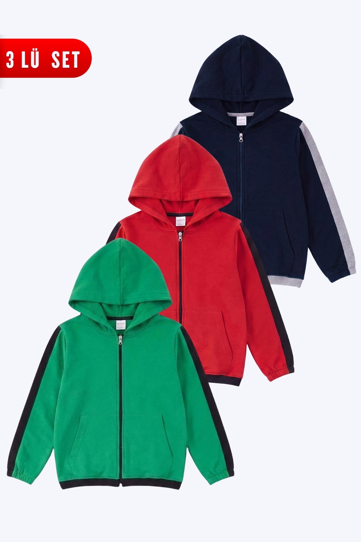 Unisex Çocuk 3'lü Şerit Detaylı Kapüşonlu Fermuarlı Sweatshirt Seti