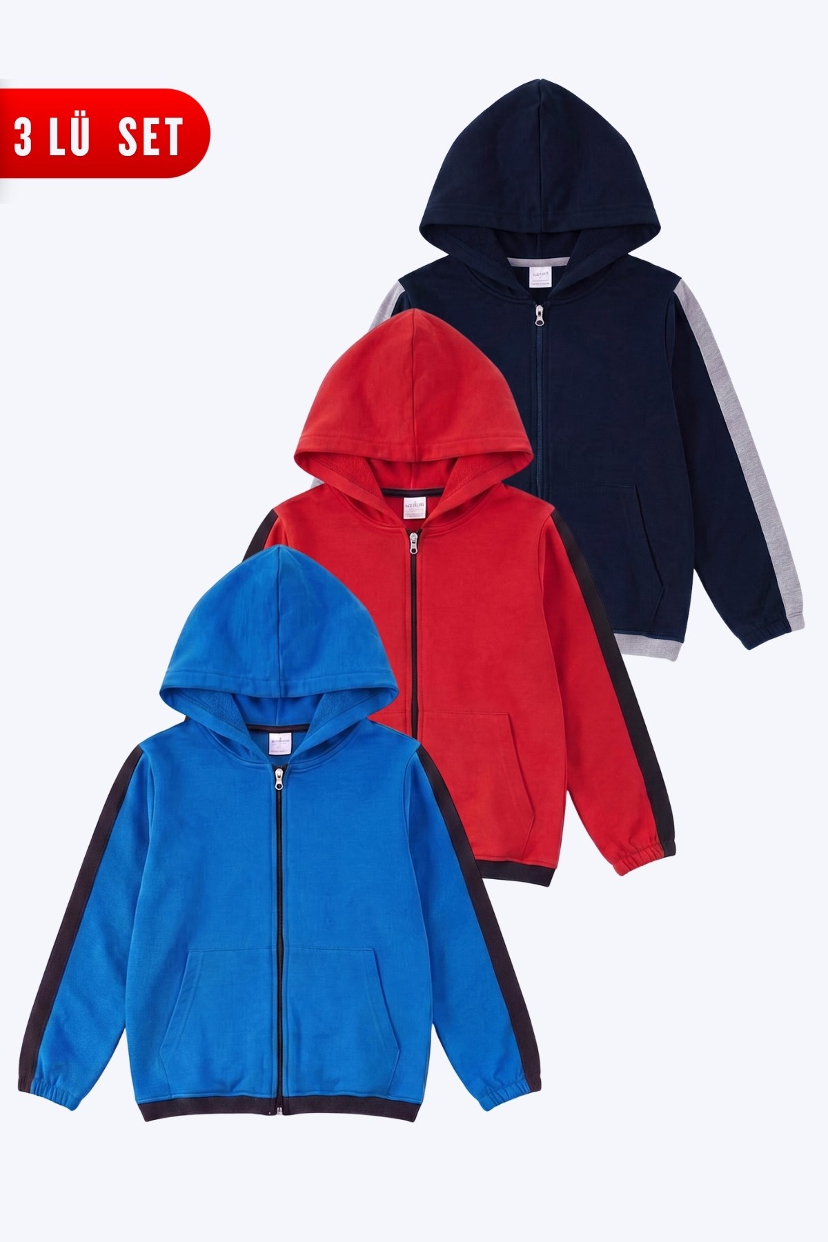 Unisex Çocuk 3'lü Şerit Detaylı Kapüşonlu Fermuarlı Sweatshirt Seti