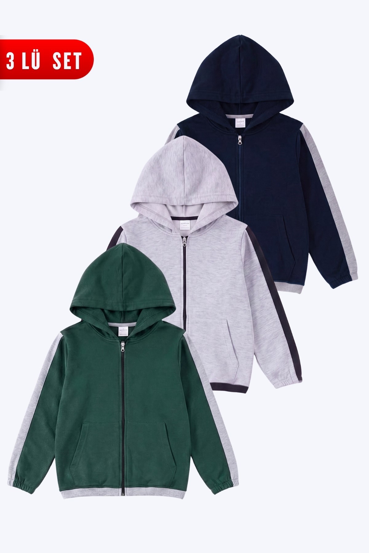 Unisex Çocuk 3'lü Şerit Detaylı Kapüşonlu Fermuarlı Sweatshirt Seti