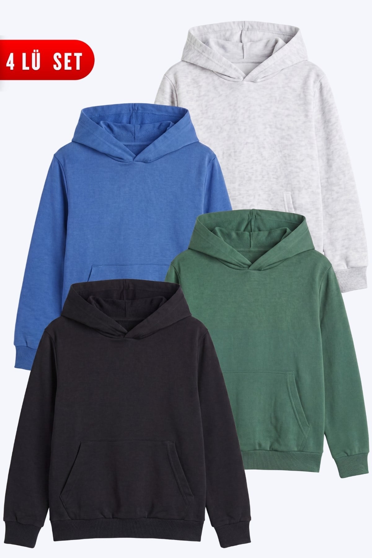 Unisex Çocuk 4'lü Basic Düz Kanguru Cepli Kapüşonlu Sweatshirt