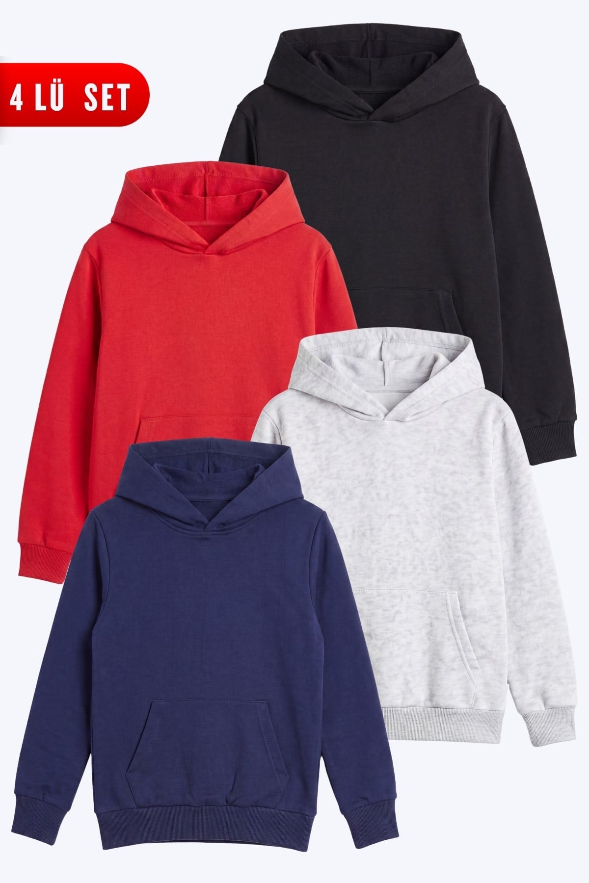 Unisex Çocuk 4'lü Basic Düz Kanguru Cepli Kapüşonlu Sweatshirt