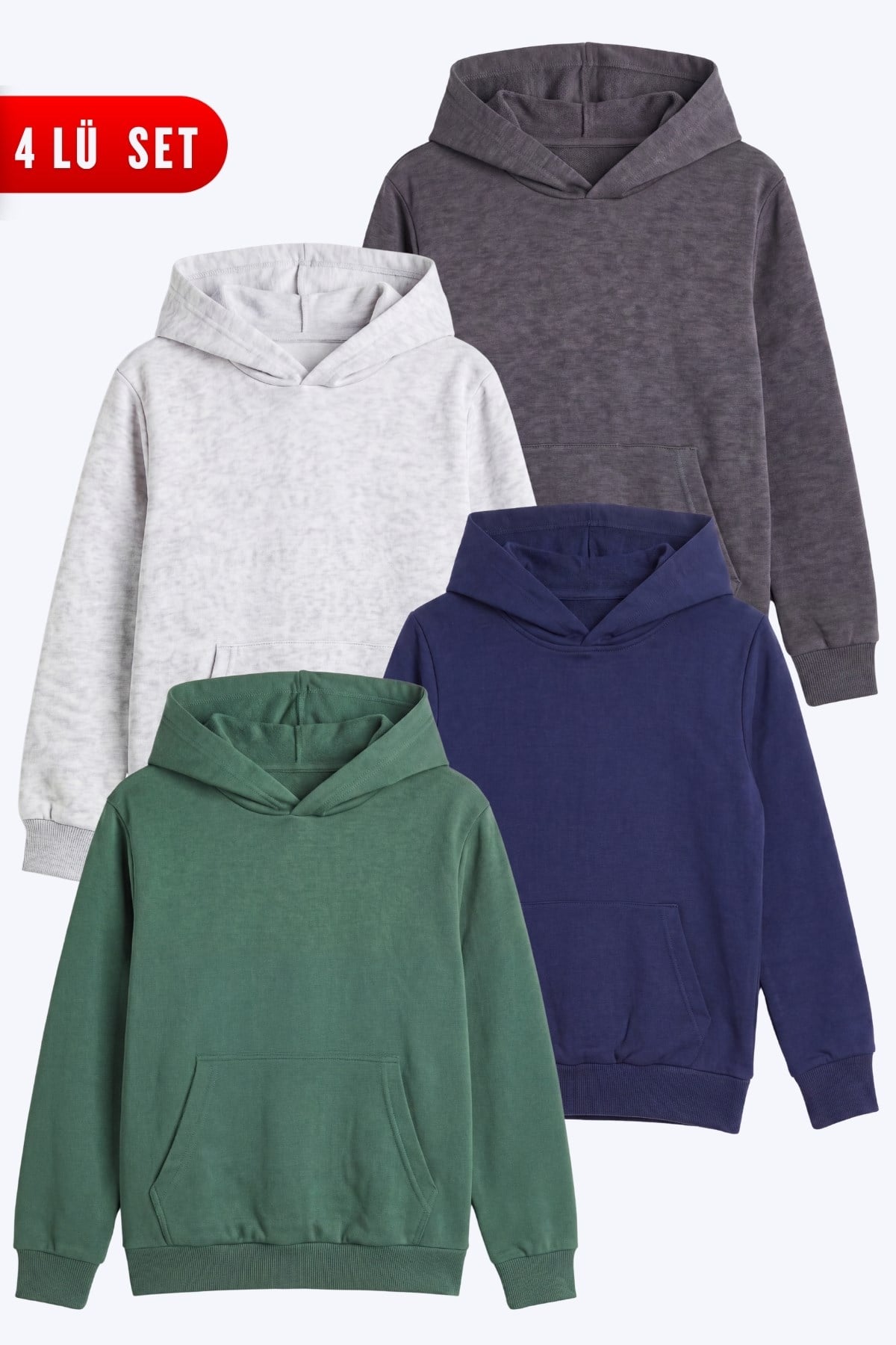 Unisex Çocuk 4'lü Basic Düz Kanguru Cepli Kapüşonlu Sweatshirt