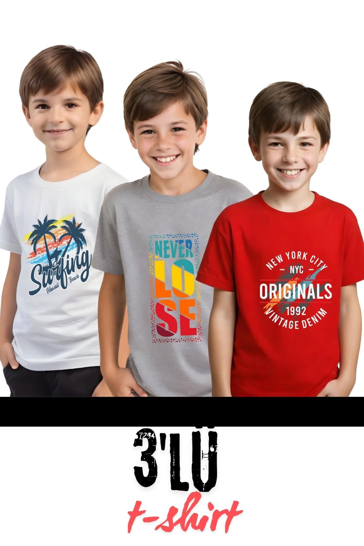 UNİSEXS 3lü ÇOCUK BASKILI BASİC KISA KOLLU T-SHİRT