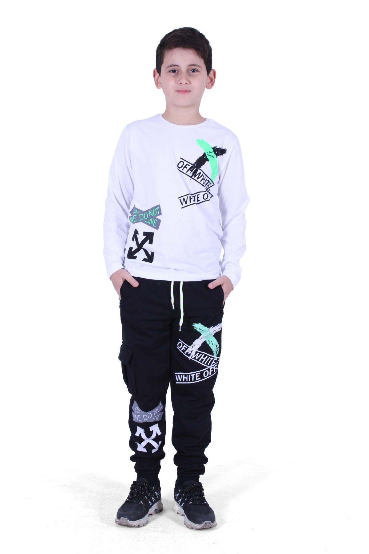 Uzun Kollu Off White X Yazı Baskılı Erkek Çocuk Alt-Üst Takım