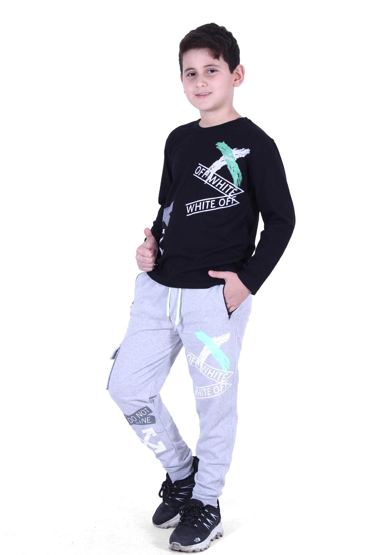 Uzun Kollu Off White X Yazı Baskılı Erkek Çocuk Alt-Üst Takım