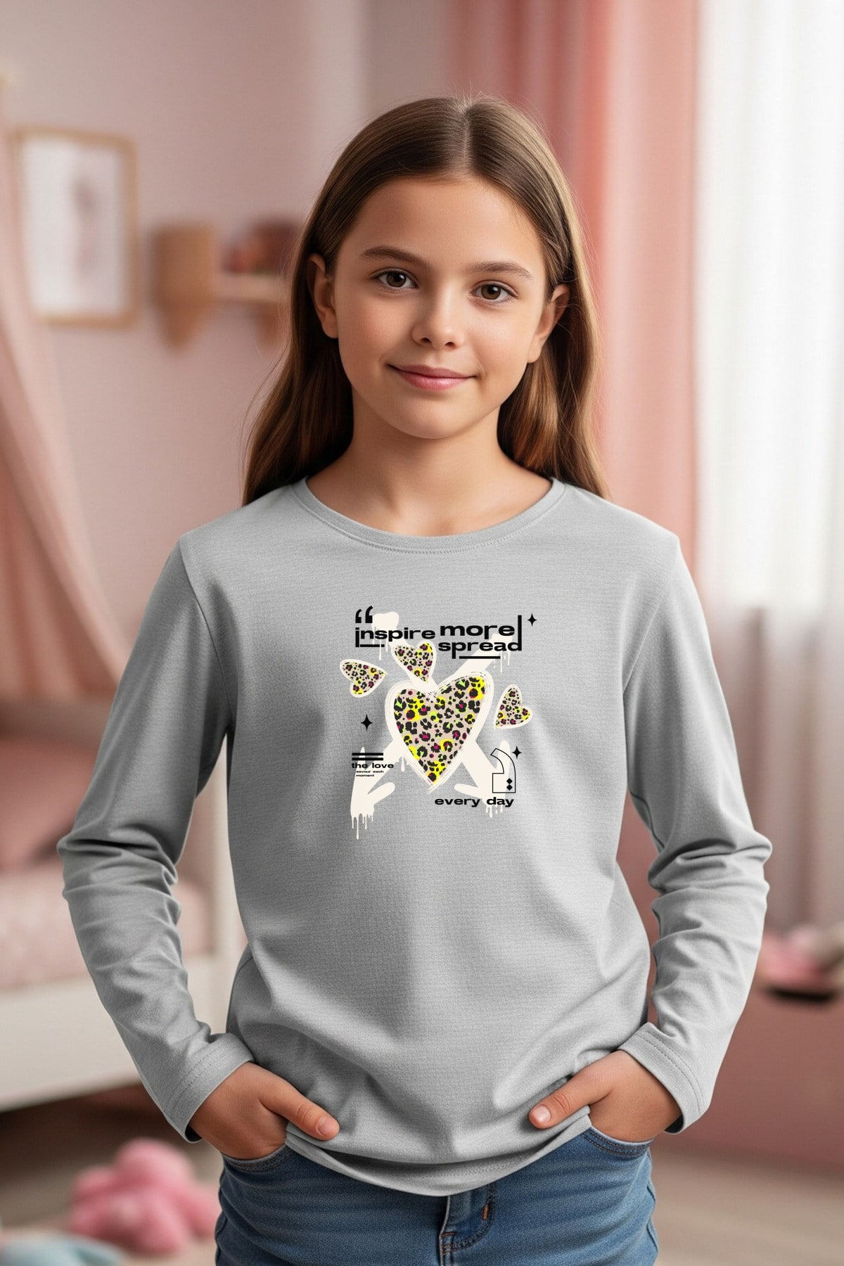 YUVARLAK YAKA KALP BASKILI KIZ ÇOCUK SWEATSHİRT