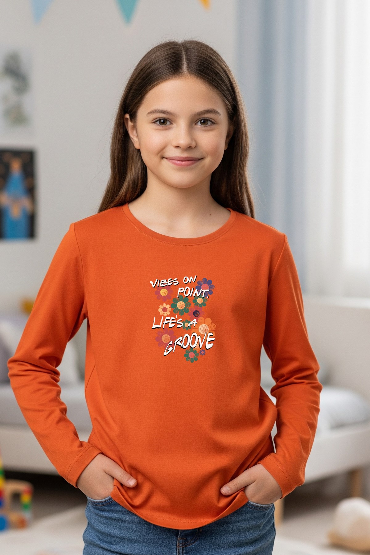 YUVARLAK YAKA RENKLİ ÇİÇEK BASKILI KIZ ÇOCUK SWEATSHİRT