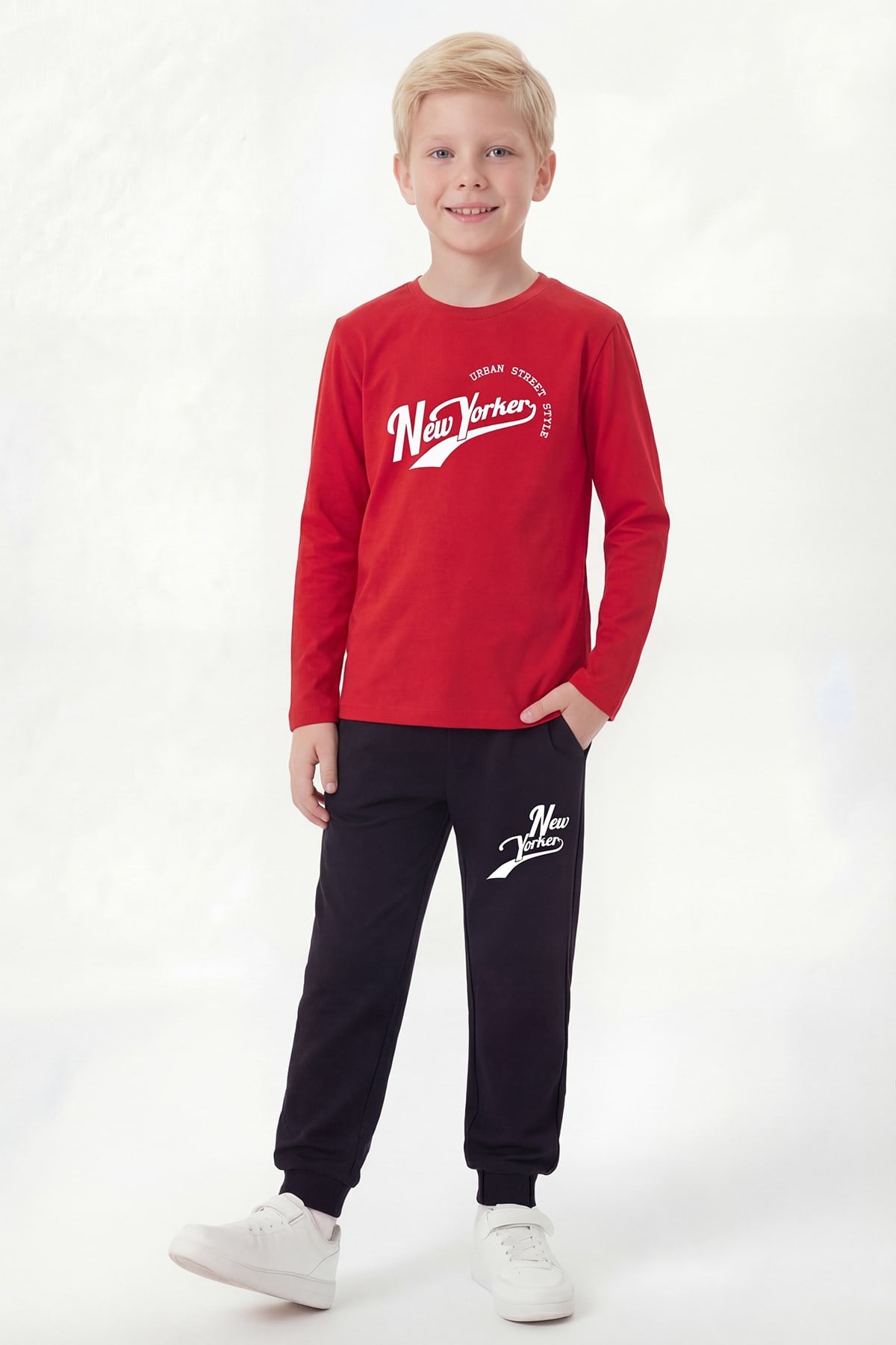 Yuvarlak Yaka Sweatshirt Paça Lastikli Eşofman Alt Baskılı Uzun Kollu Erkek Çocuk Alt Üst Takım