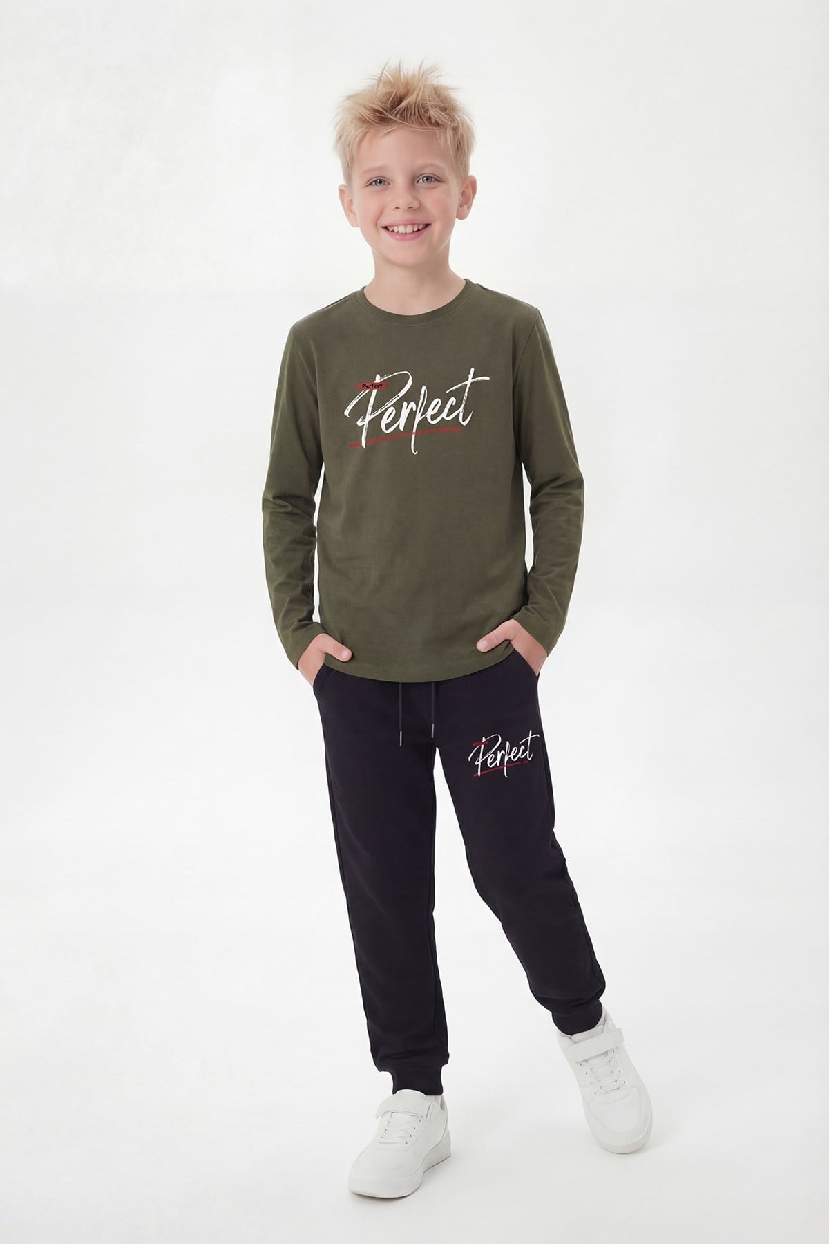 Yuvarlak Yaka Sweatshirt Paça Lastikli Eşofman Alt Baskılı Uzun Kollu Erkek Çocuk Alt Üst Takım