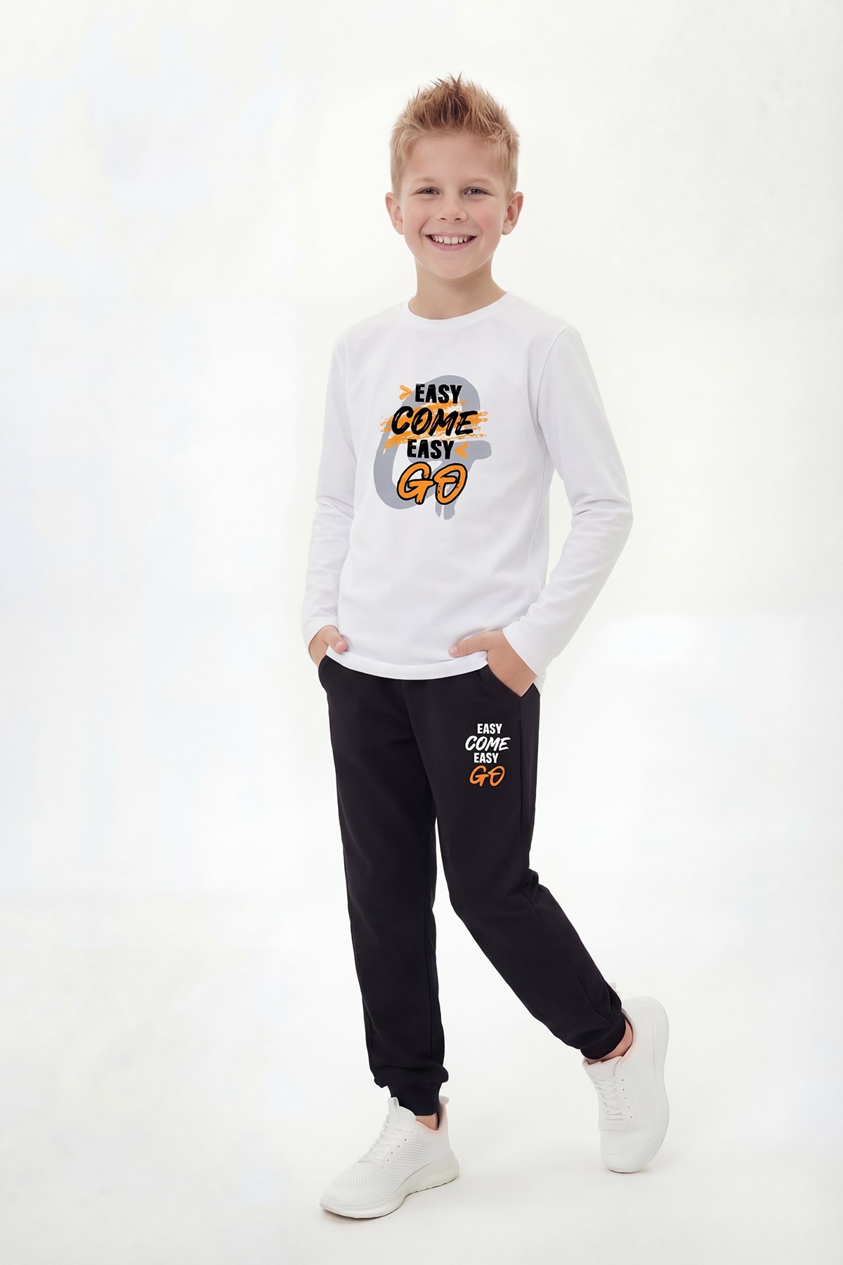 Yuvarlak Yaka Sweatshirt Paça Lastikli Eşofman Alt Baskılı Uzun Kollu Erkek Çocuk Alt Üst Takım