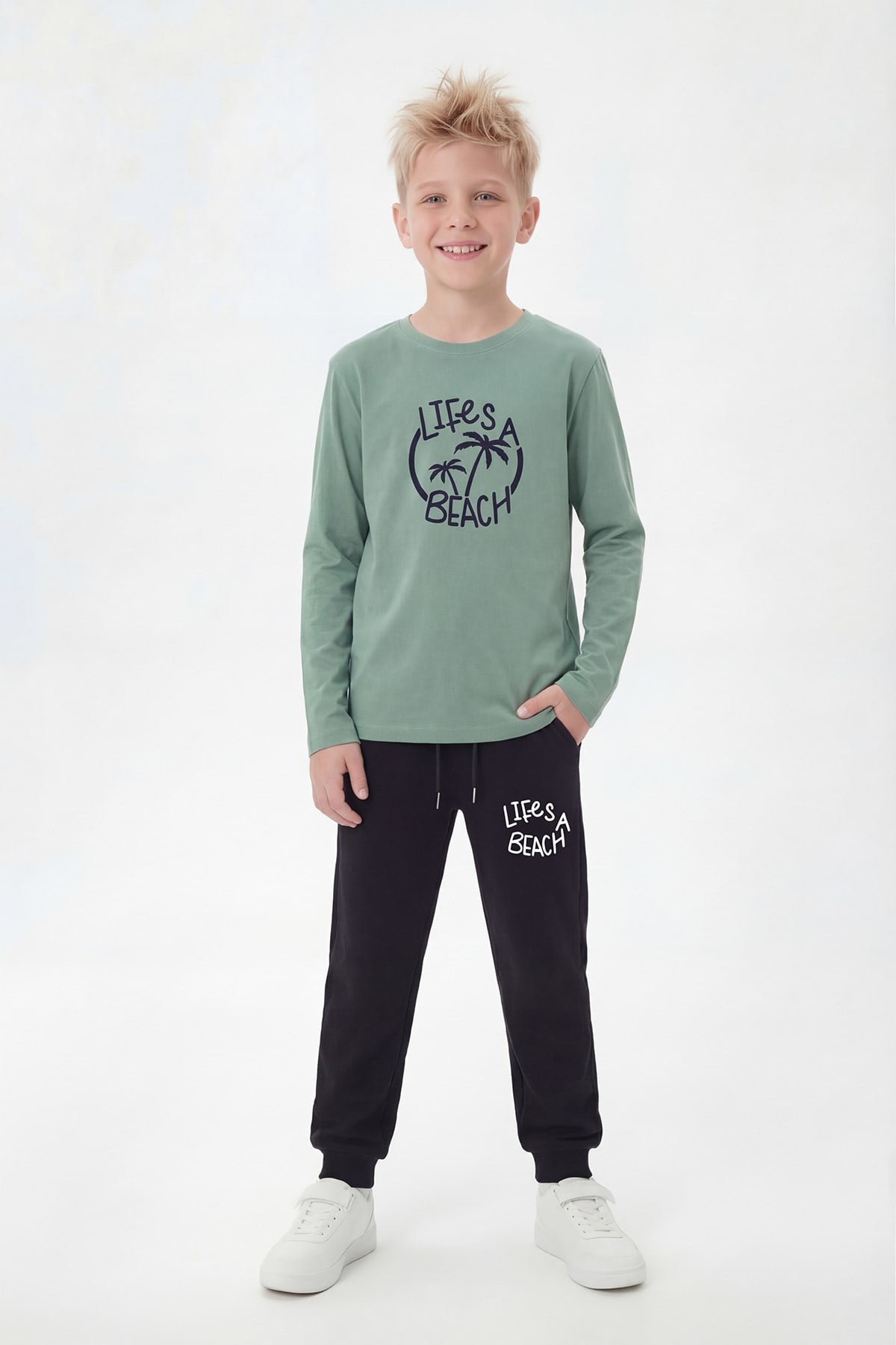 Yuvarlak Yaka Sweatshirt Paça Lastikli Eşofman Alt Baskılı Uzun Kollu Erkek Çocuk Alt Üst Takım