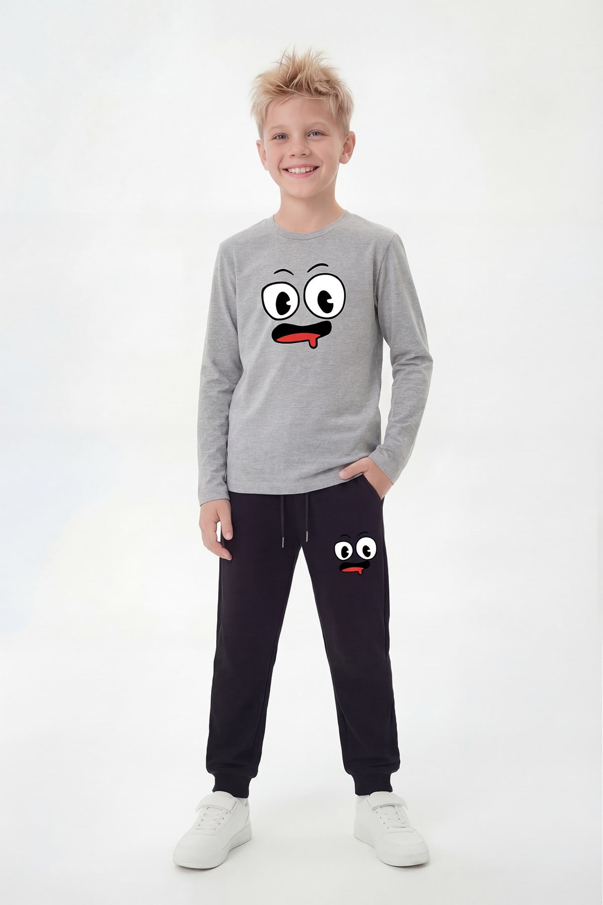 Yuvarlak Yaka Sweatshirt Paça Lastikli Eşofman Alt Baskılı Uzun Kollu Erkek Çocuk Alt Üst Takım
