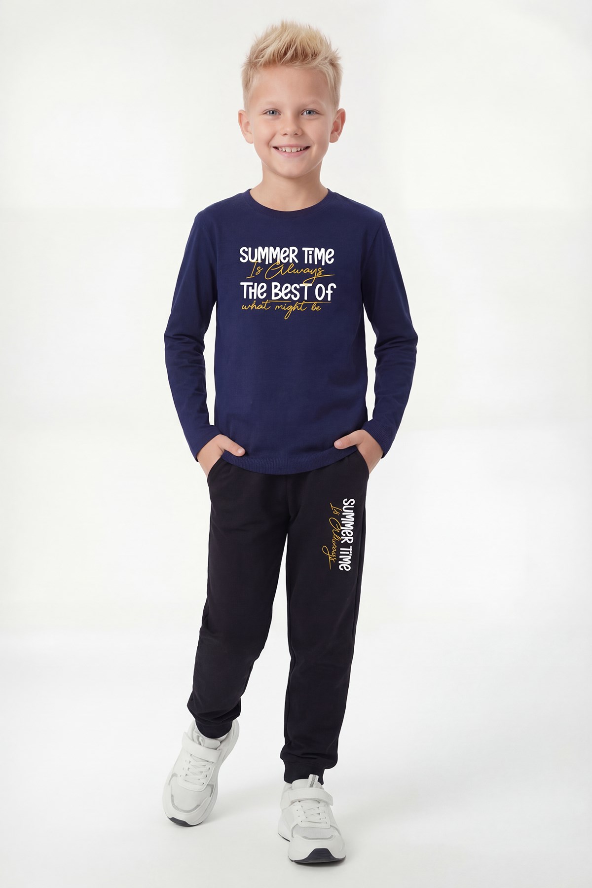 Yuvarlak Yaka Sweatshirt Paça Lastikli Eşofman Alt Baskılı Uzun Kollu Erkek Çocuk Alt Üst Takım