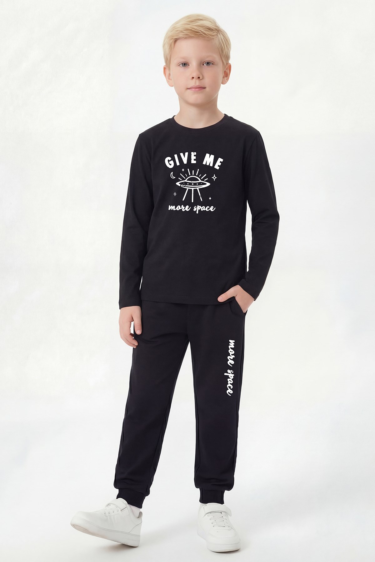 Yuvarlak Yaka Sweatshirt Paça Lastikli Eşofman Alt Baskılı Uzun Kollu Erkek Çocuk Alt Üst Takım