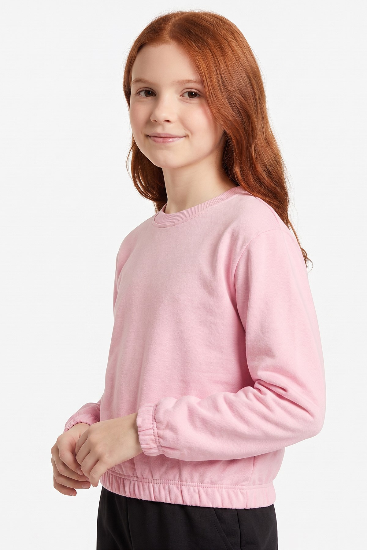 Yuvarlak Yakalı Beli Lastikli Kısa Bel Kız Çocuk Sweatshirt