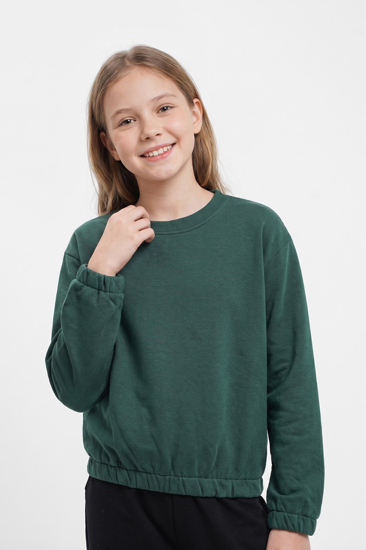 Yuvarlak Yakalı Beli Lastikli Kısa Bel Kız Çocuk Sweatshirt