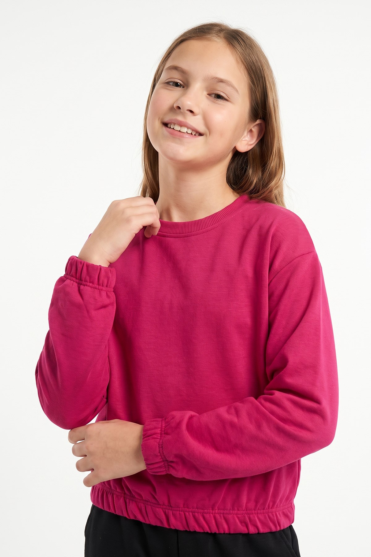 Yuvarlak Yakalı Beli Lastikli Kısa Bel Kız Çocuk Sweatshirt
