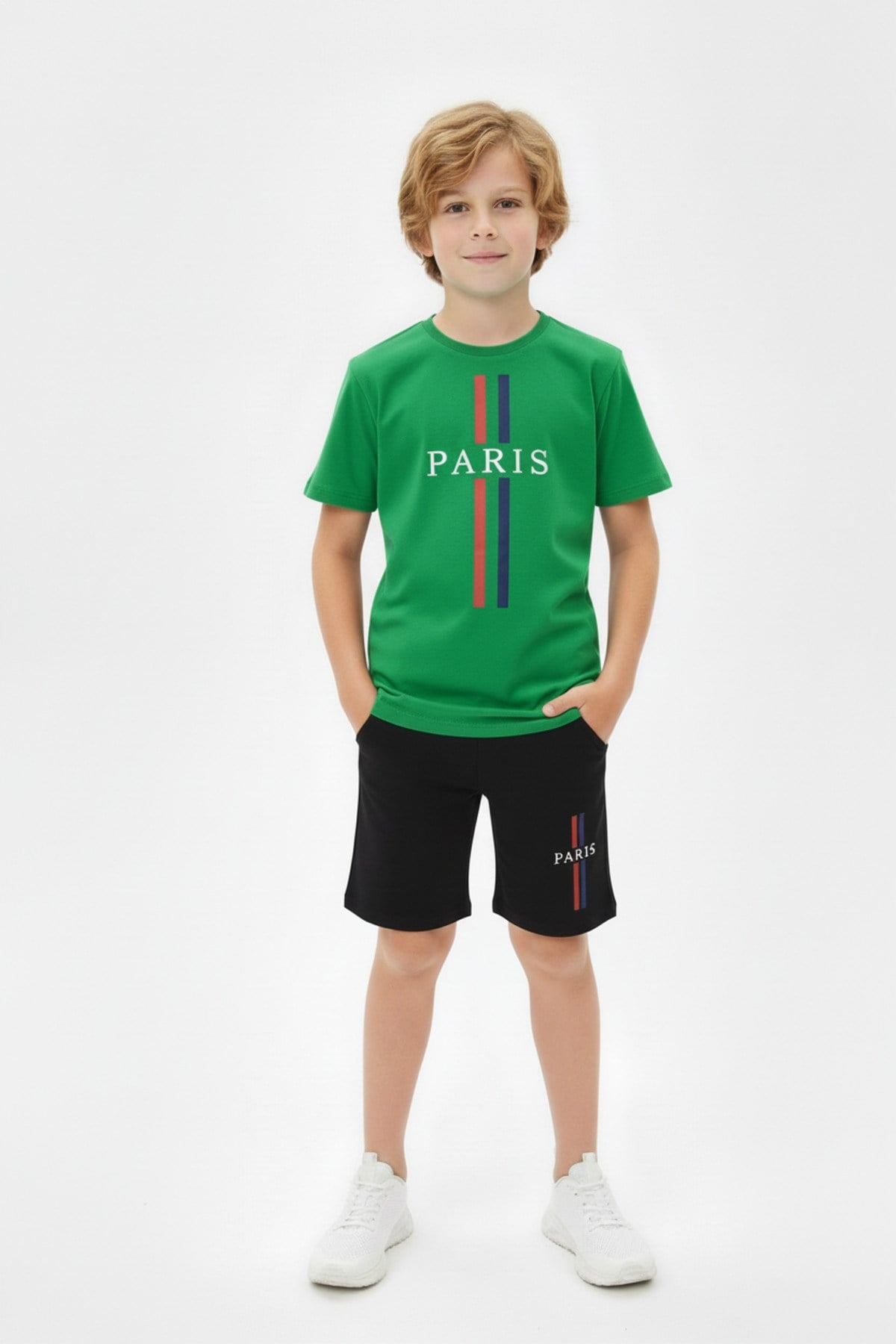 Yuvarlak Yakalı Yazlık Paris Baskı Detaylı Kaprili Erkek Çocuk Alt Üst Takım