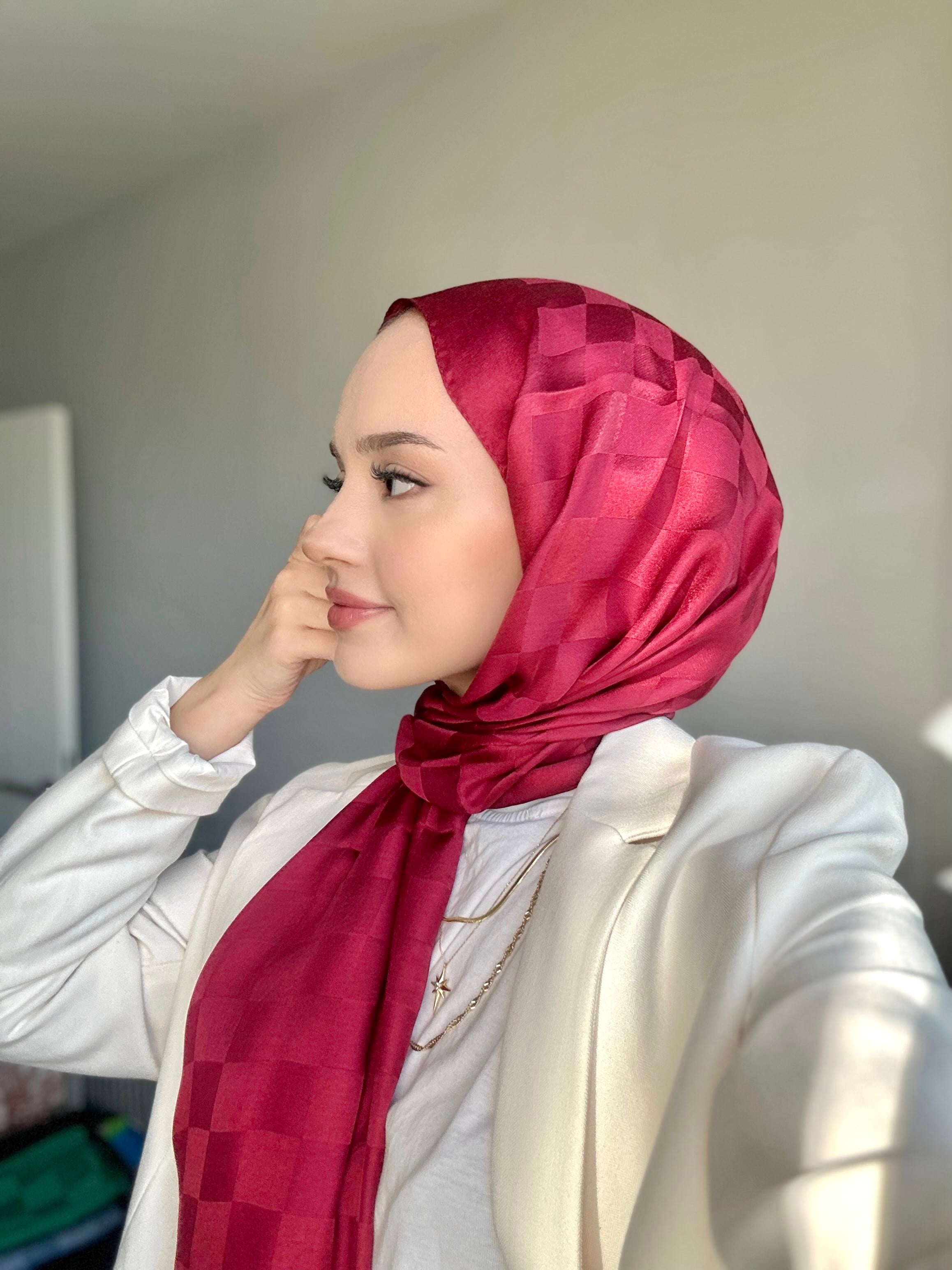 Bordo Dama Desen İpekli Pamuk Şal