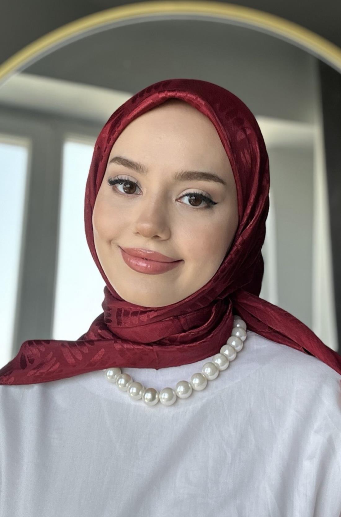 Bordo Yaprak Desen Jakar Eşarp