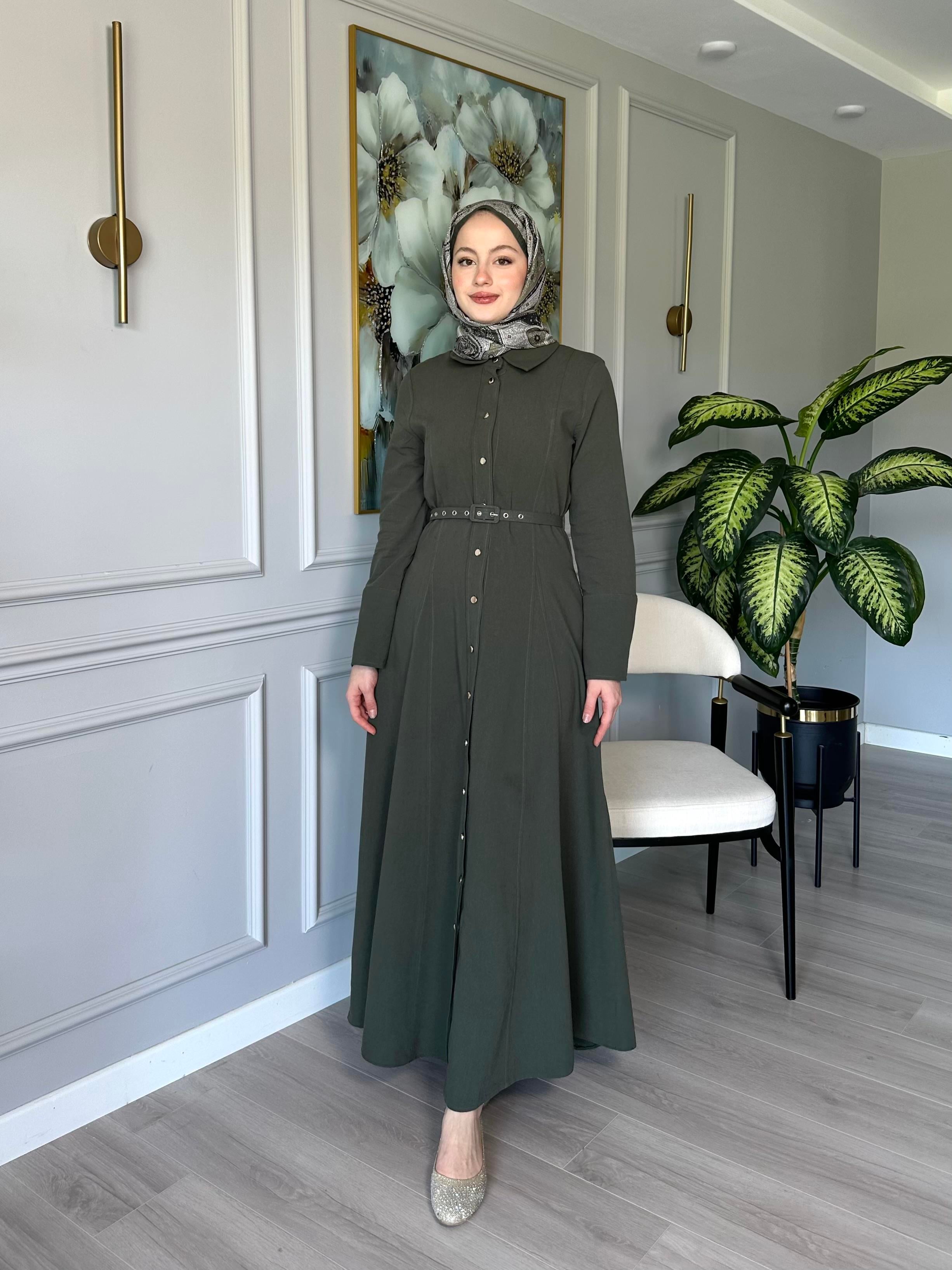 Haki - Keten Elbise – Boydan Düğmeli, Beli Kemerli