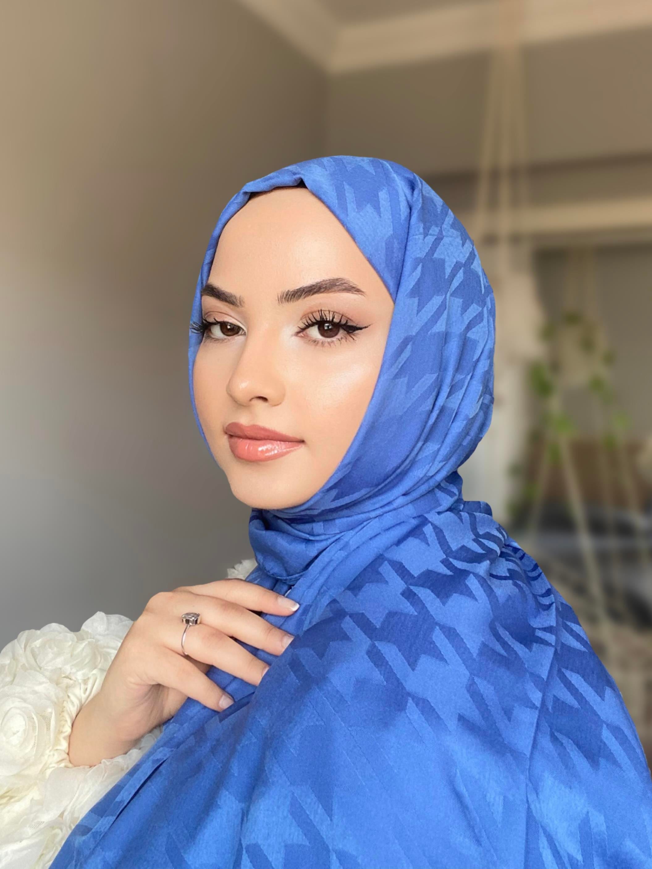 İndigo Kazayağı Desen İpekli Pamuk Şal