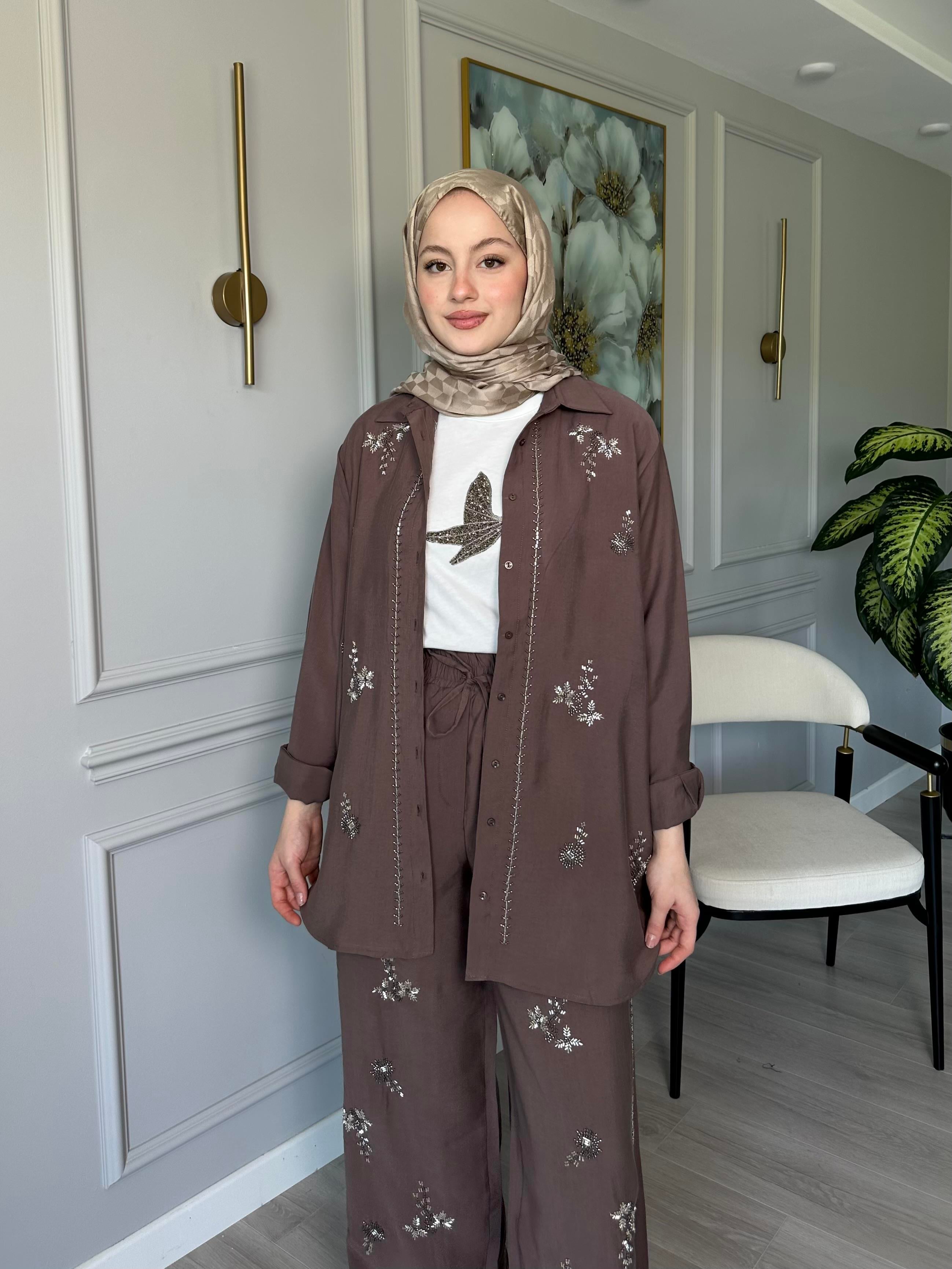 Kahve Taşlı Tensel Kumaş Kimono ve Pantolon  İkili Set