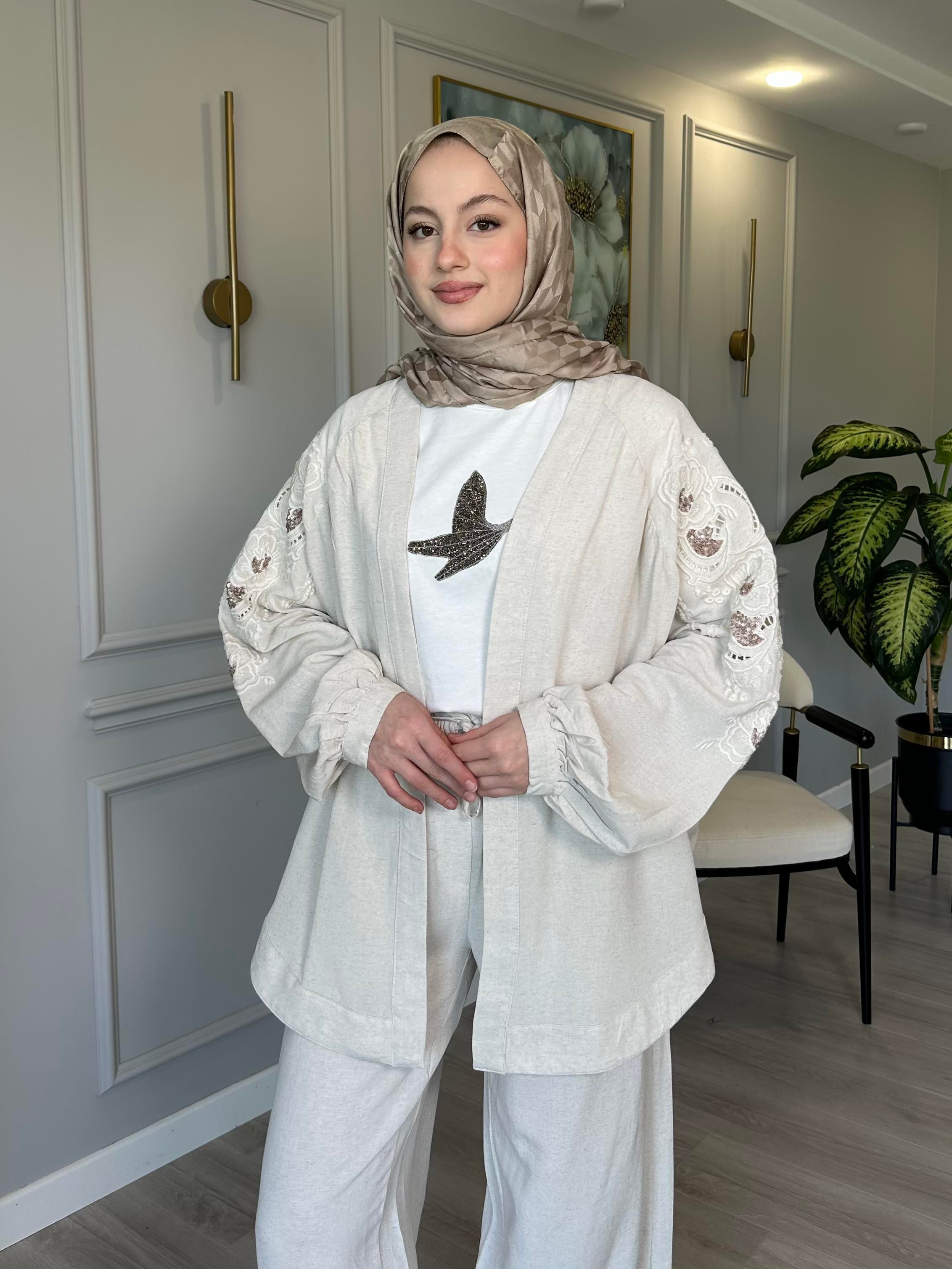 Keten Payet ve Nakış İşlemeli Kimono 2 – Sırtı ve Kolları İşlemeli