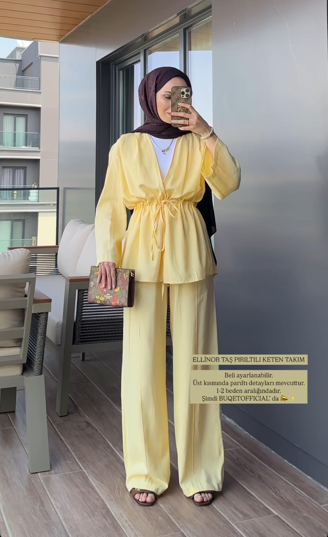 Sarı Taş Detaylı Keten Tunik Pantolon Takım