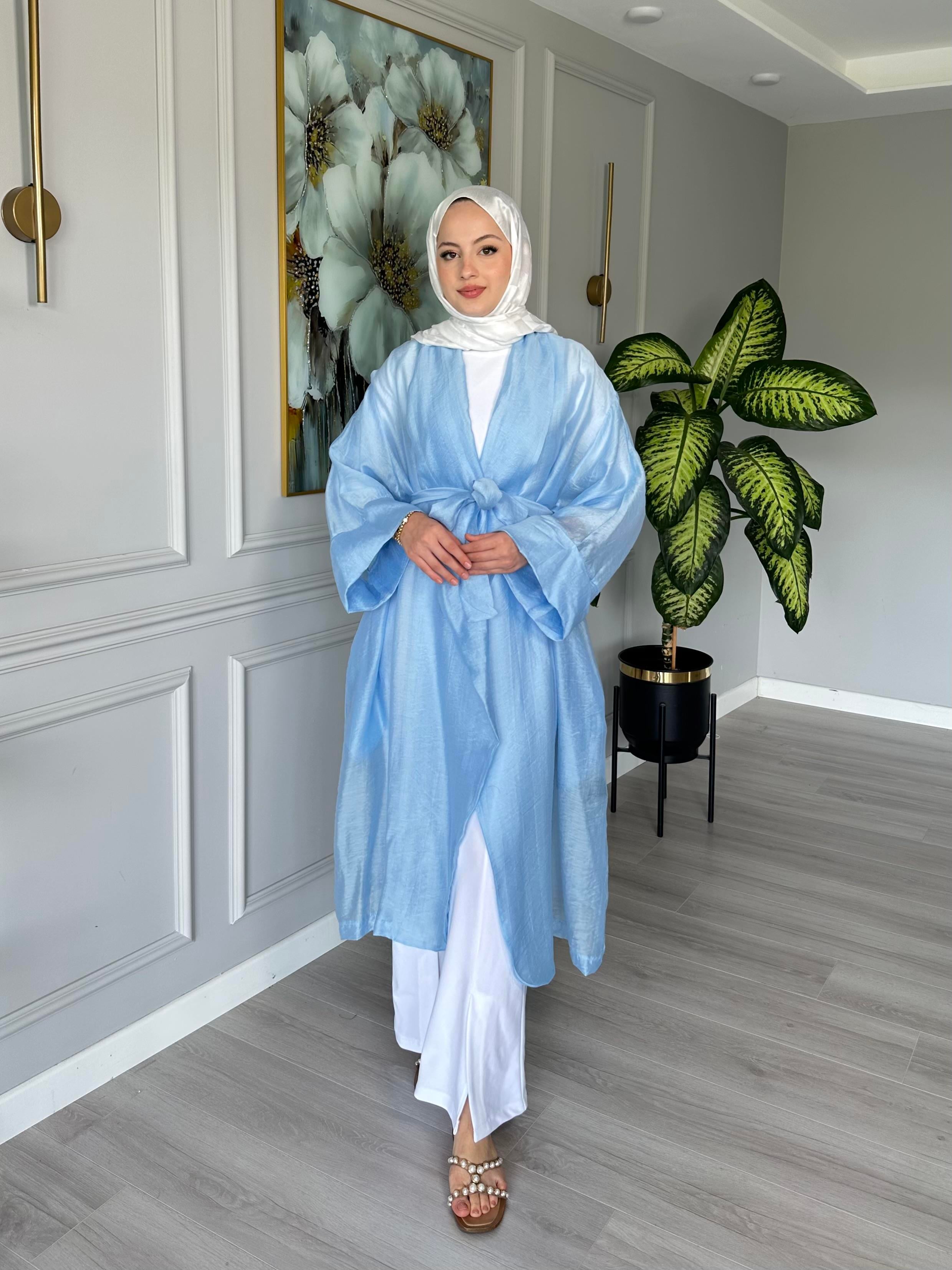 Seyyar Kemerli Pamuk Vual Kimono – Mavi