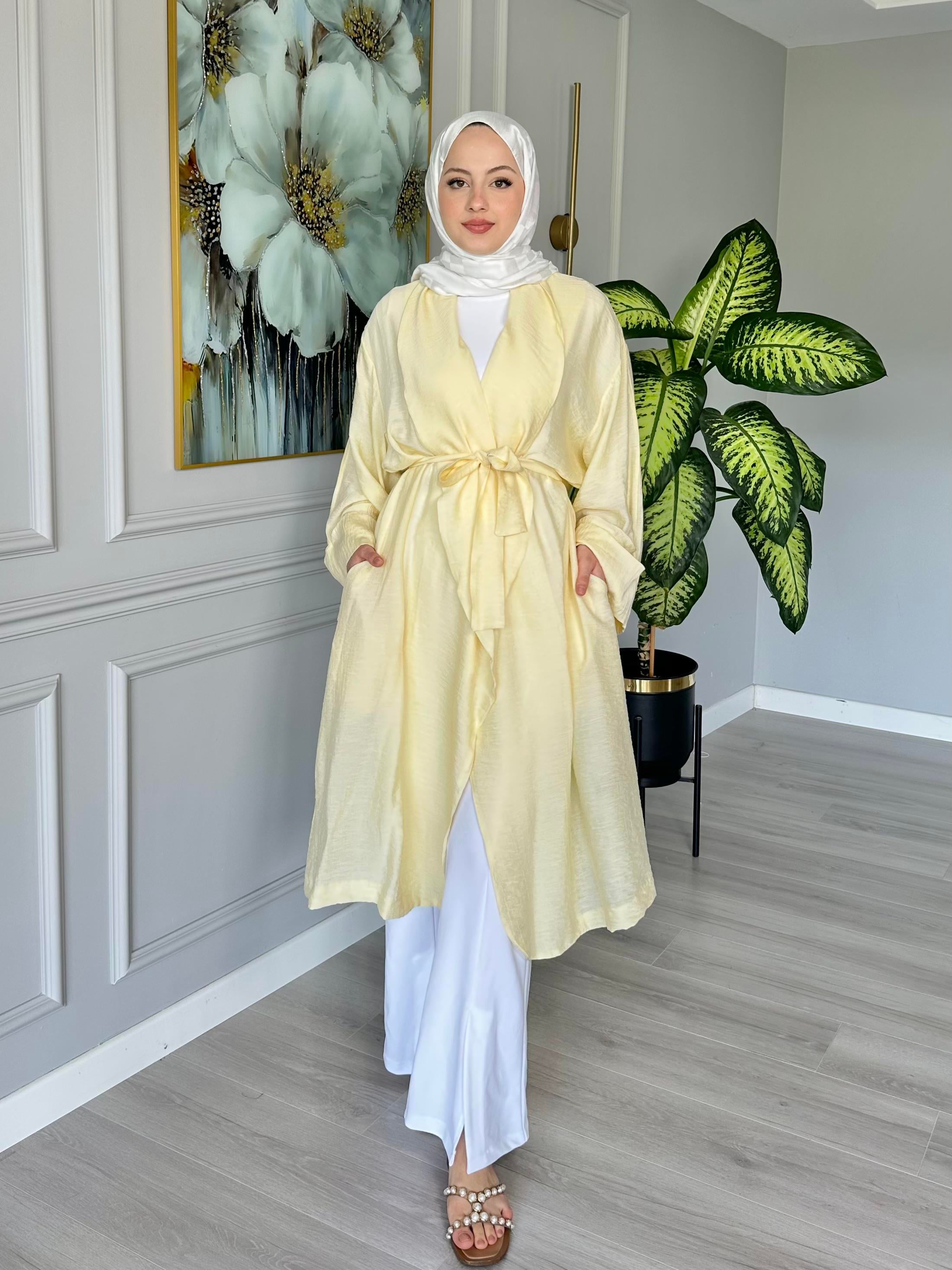 Seyyar Kemerli Pamuk Vual Kimono – Sarı