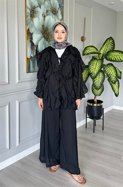 Pamuk Vual Fırfırlı Takım Siyah