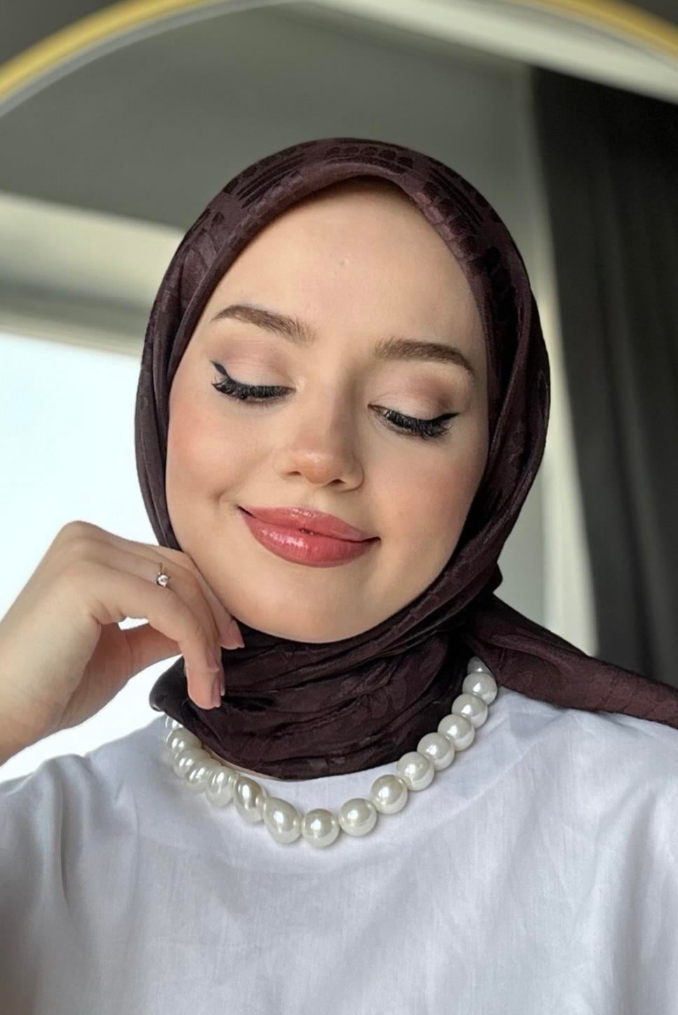 Acıkahve Yaprak Desen Jakar Eşarp