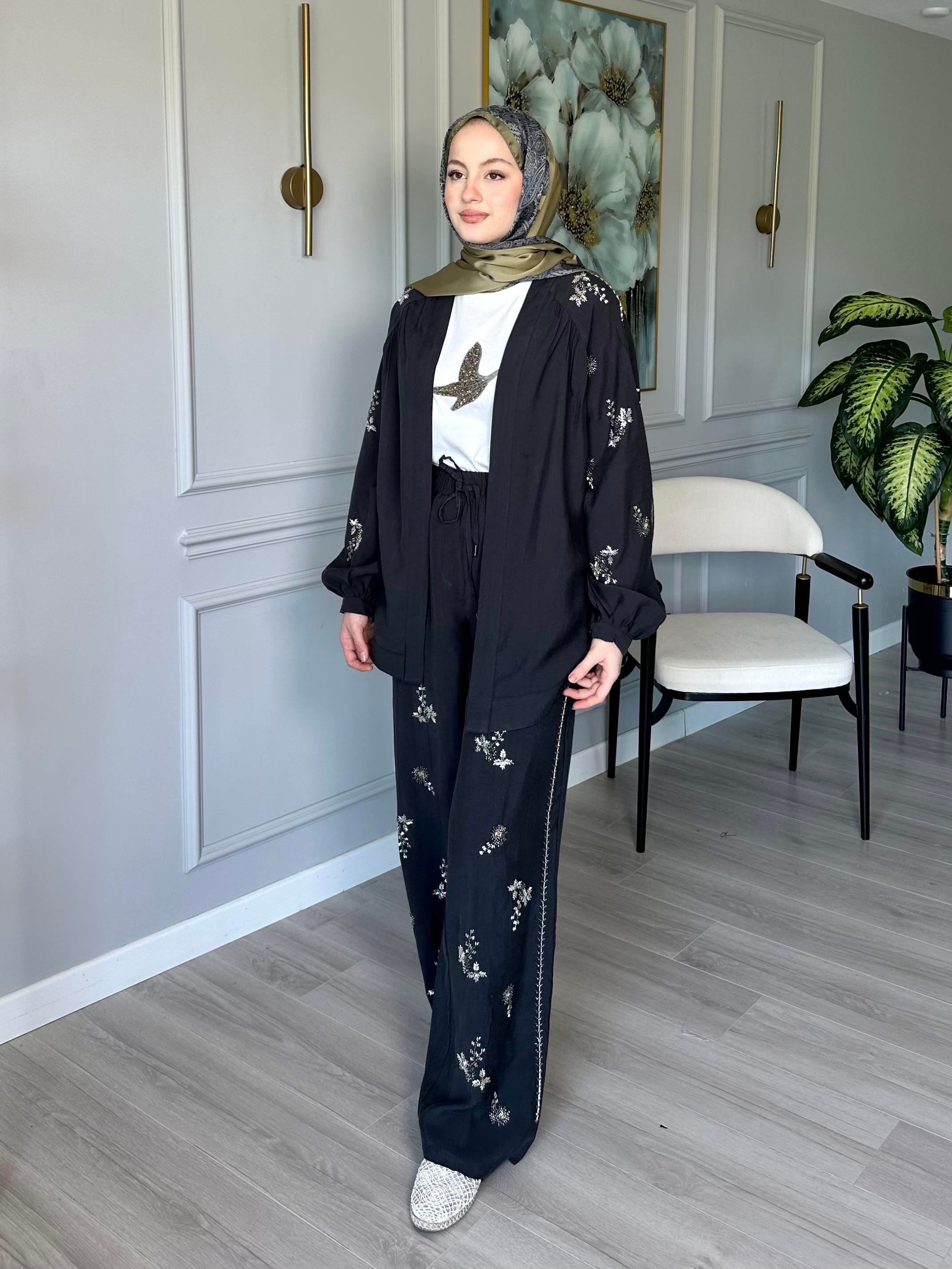 Antrasit Taşlı Tensel Kumaş Kimono ve Pantolon  İkili Set