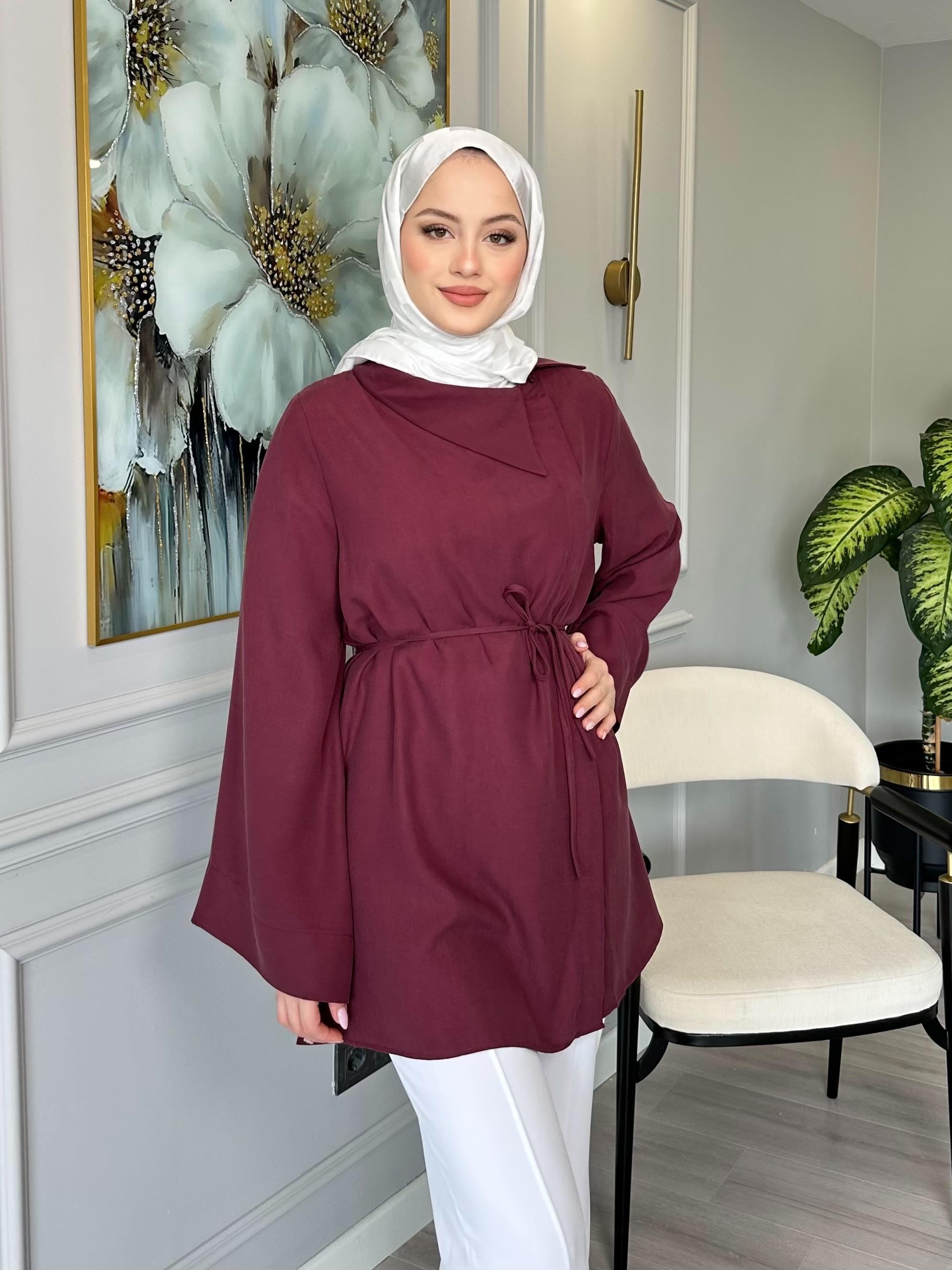 Bordo Yaka Detaylı Tensel Salaş Tunik