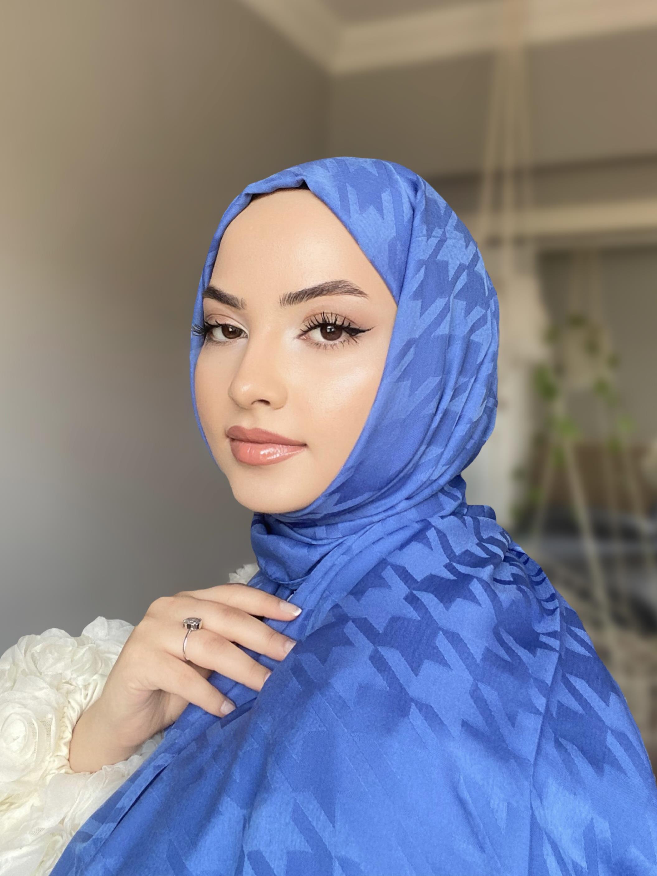 İndigo Kazayağı Desen İpekli Pamuk Şal