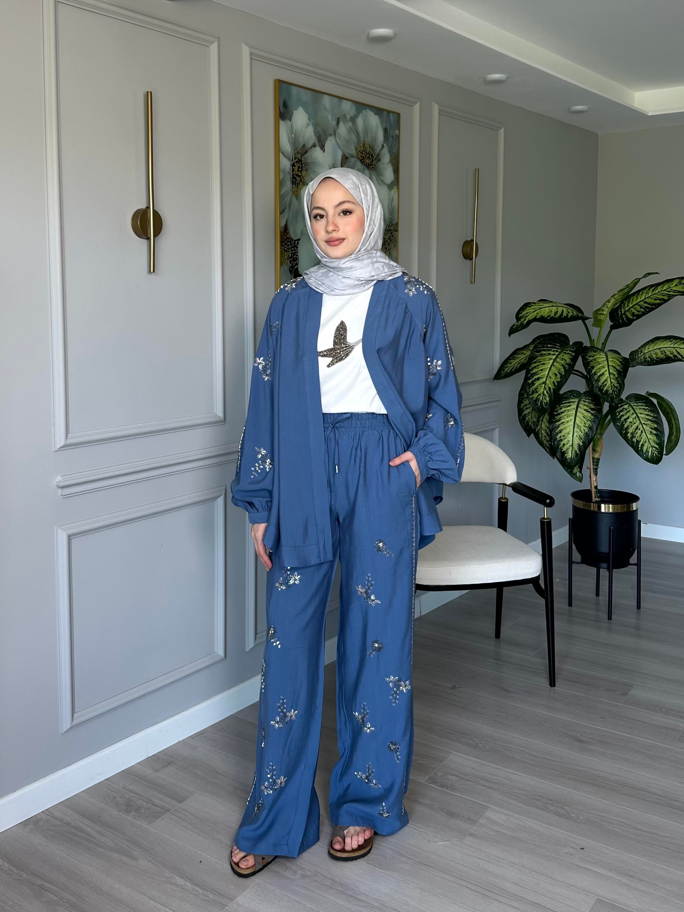 İndigo Taşlı Tensel Kumaş Kimono ve Pantolon  İkili Set