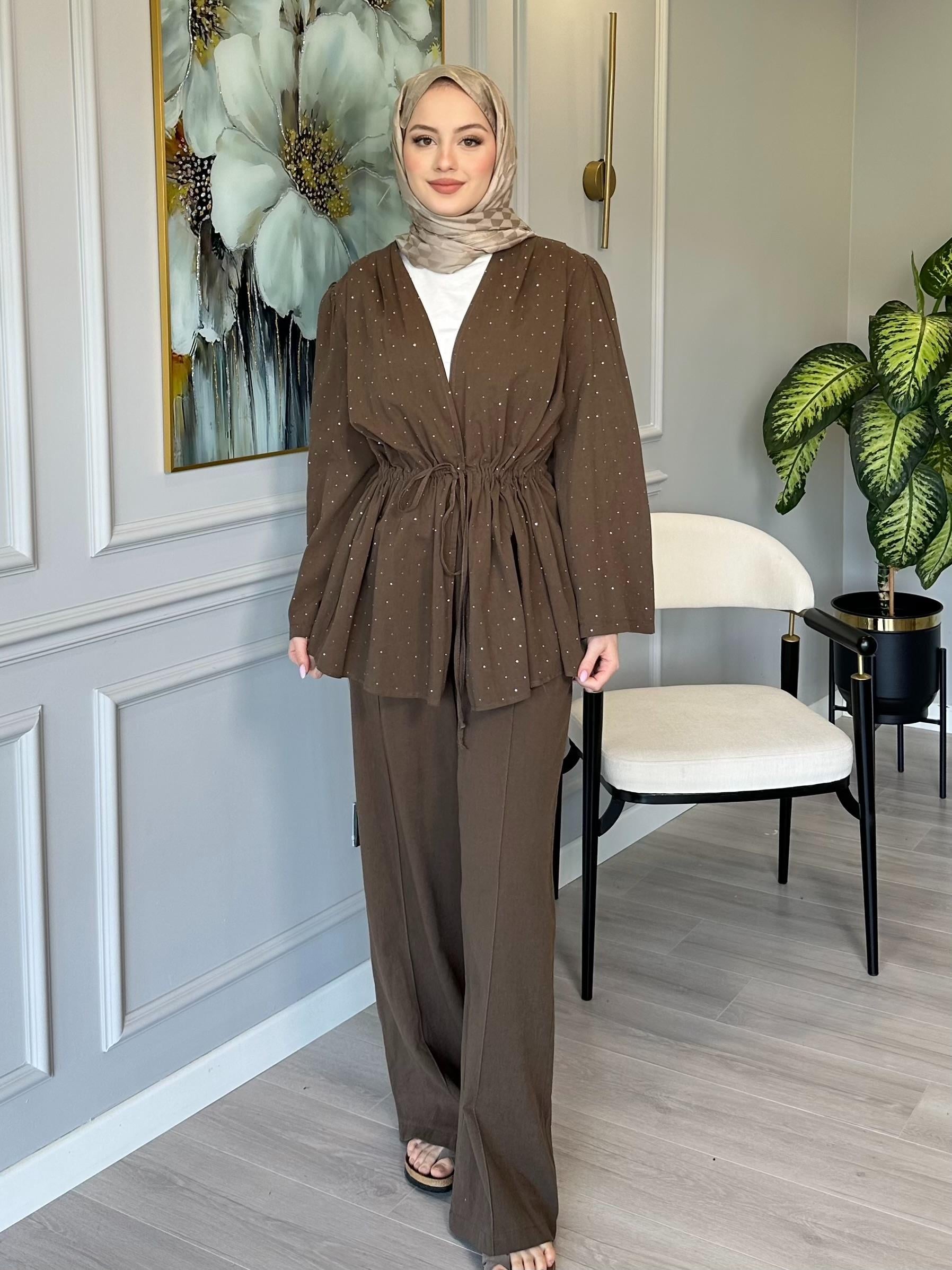 Kahverengi Taş Detaylı Keten Tunik Pantolon Takım