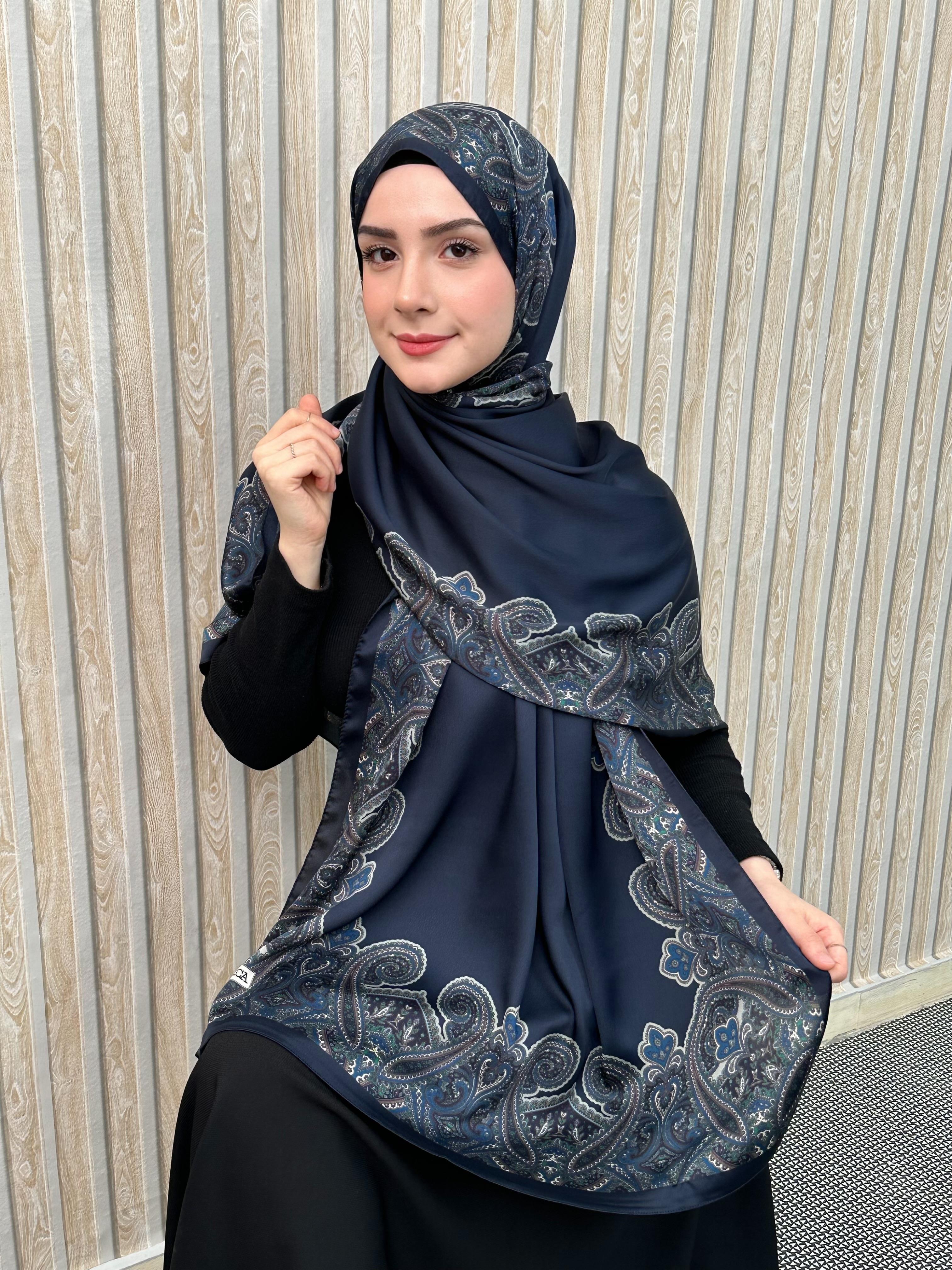 Lacivert Roza Deluxe İpek Şal