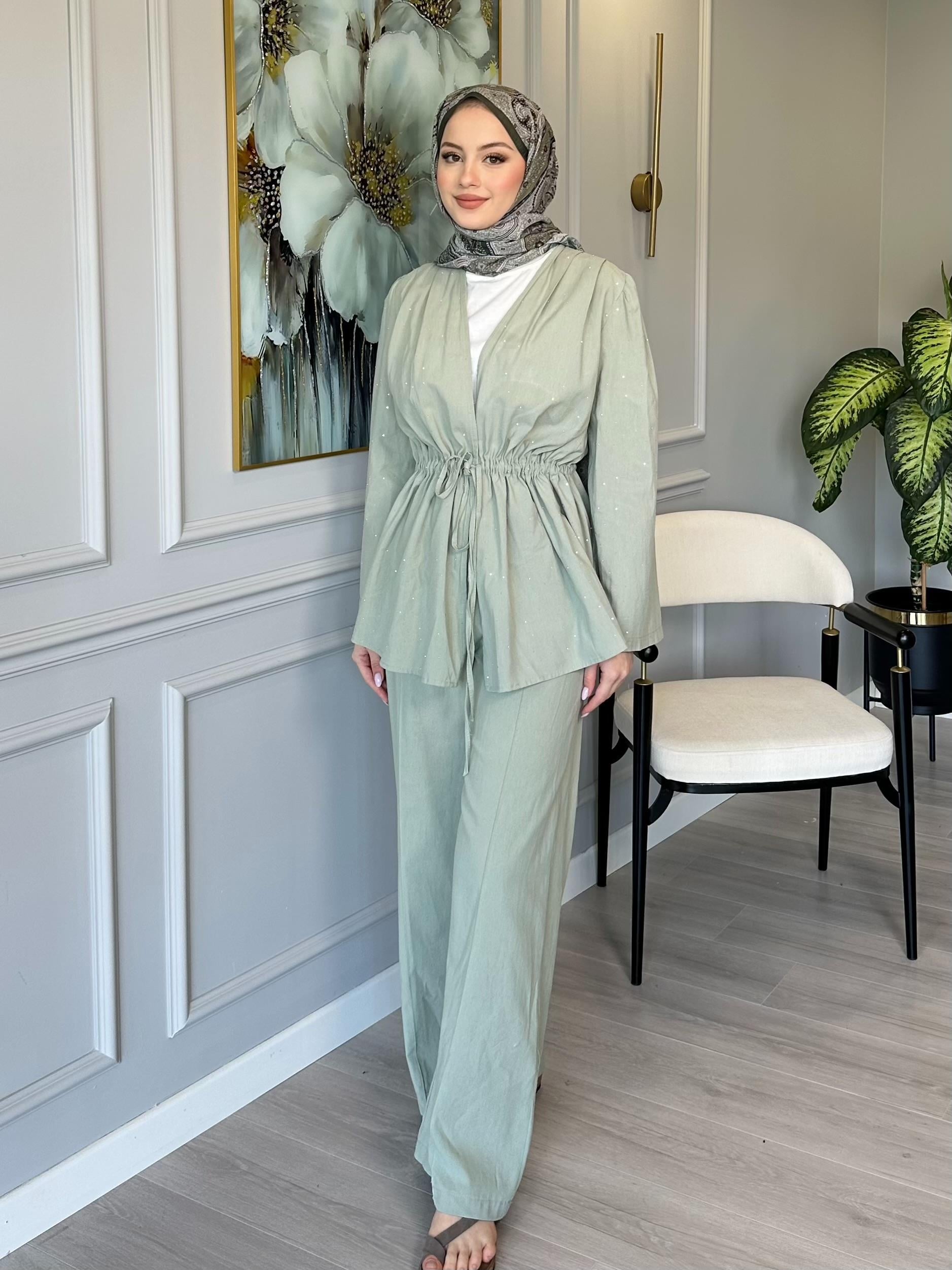 Mint Yeşili Taş Detaylı Keten Tunik Pantolon Takım