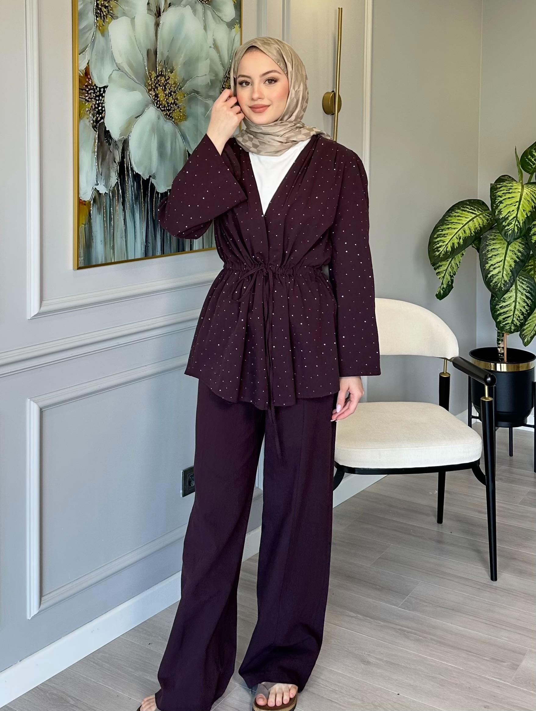 Mürdüm Taş Detaylı Keten Tunik Pantolon Takım