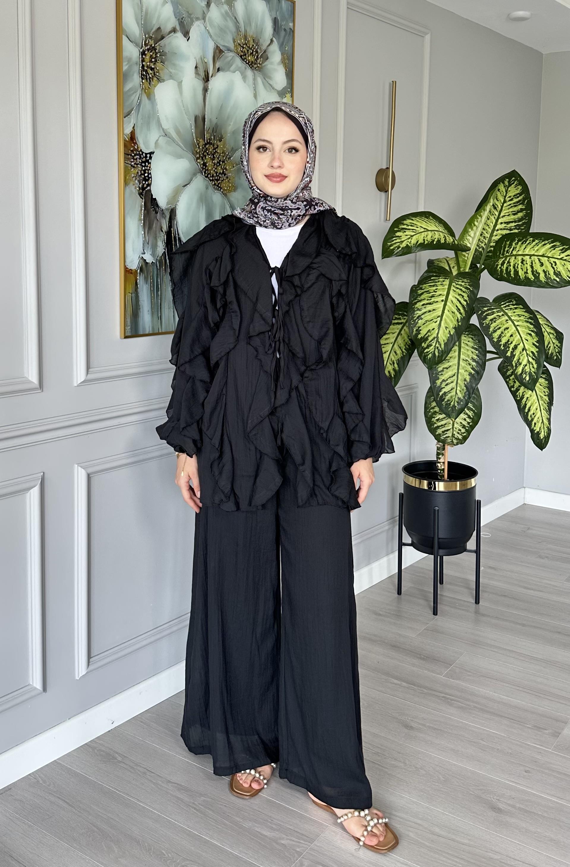 Pamuk Vual Fırfırlı Takım Siyah