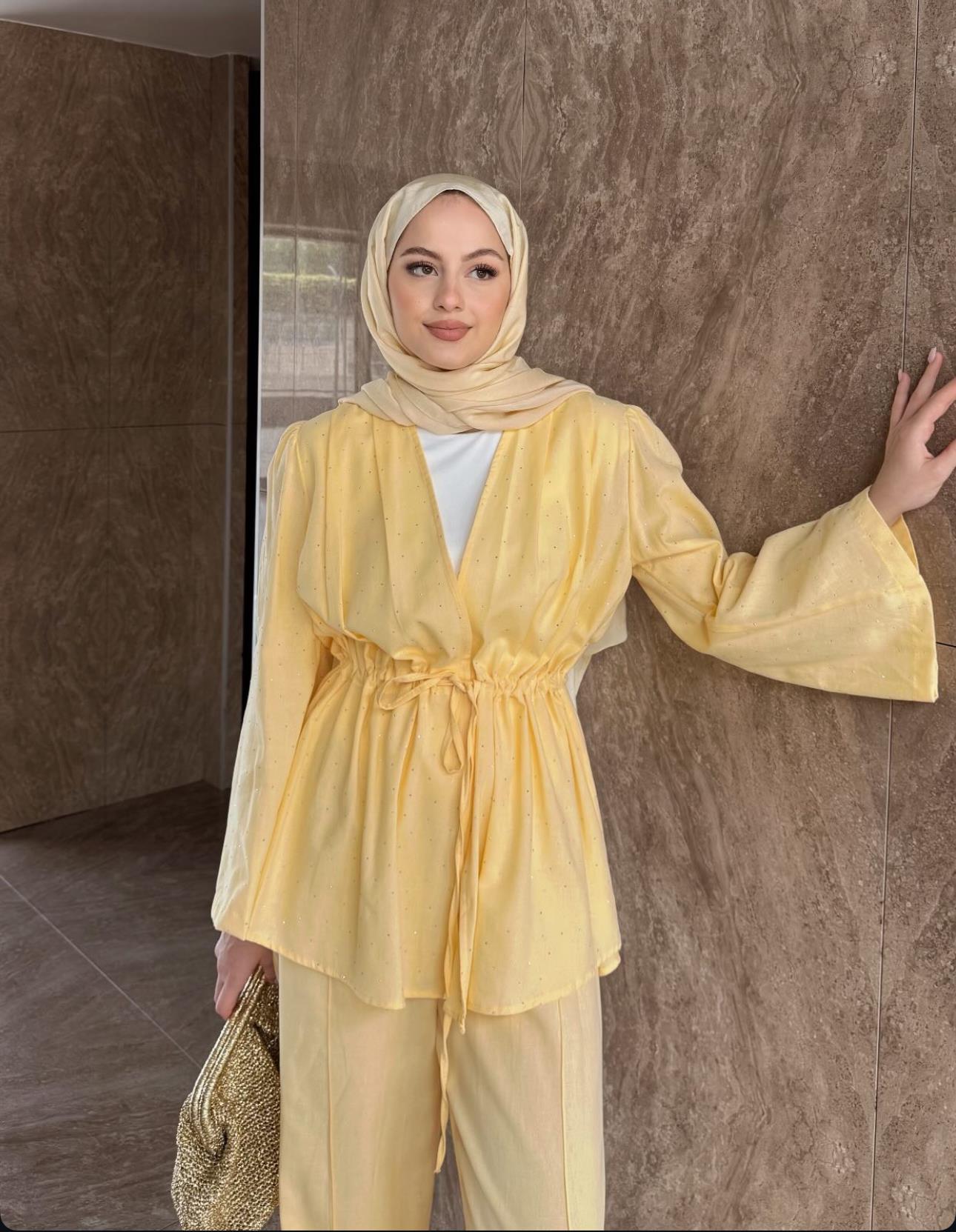 Sarı Taş Detaylı Keten Tunik Pantolon Takım