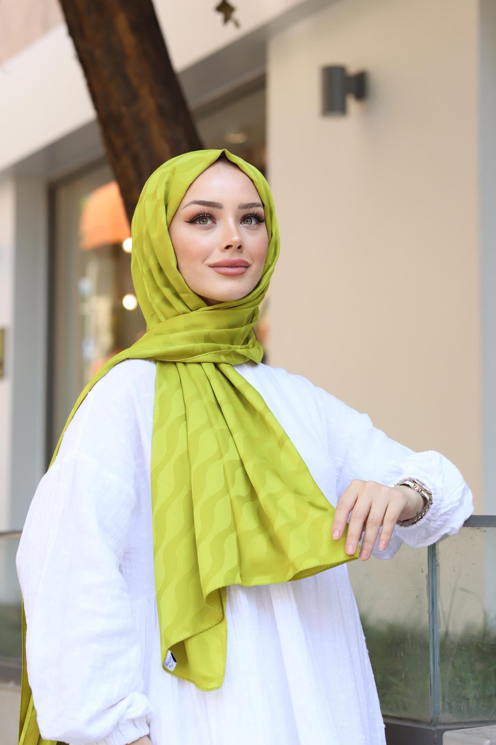 Yağyeşil Suyolu Desen Pamuk Jakar Şal