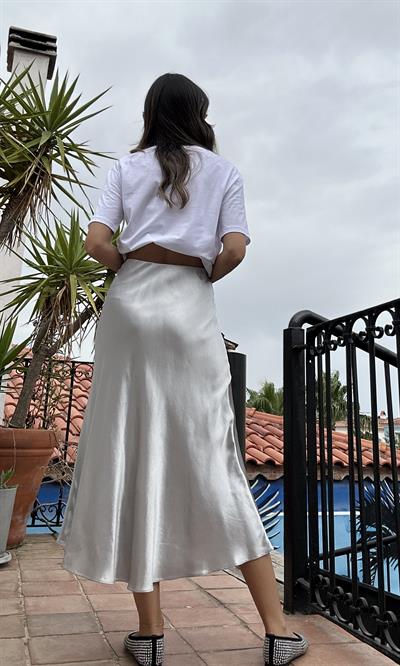 Açık Gri Midi Saten Etek