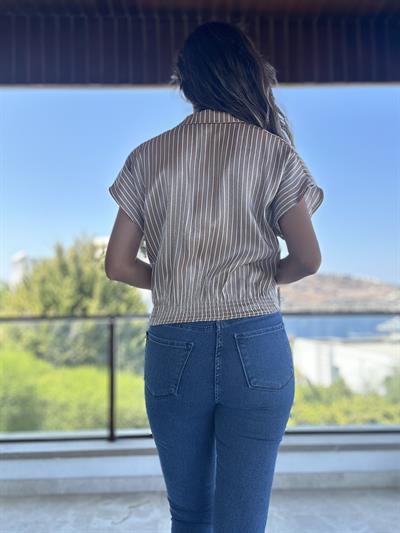 Açık Kahve Çizgili Bağlamalı Gömlek