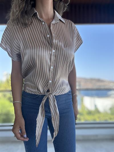 Açık Kahve Çizgili Bağlamalı Gömlek