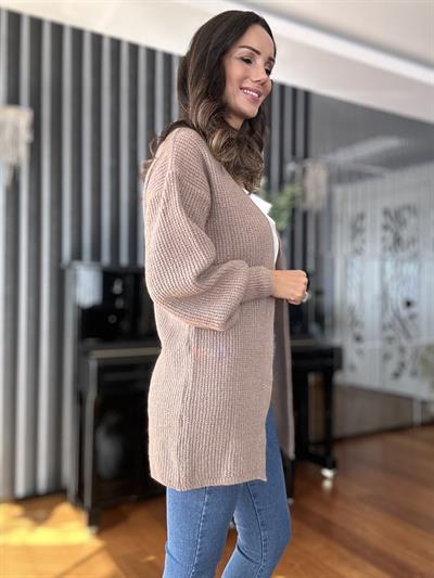 Açık Kahverengi Çift Kat Uzun Yün Hırka