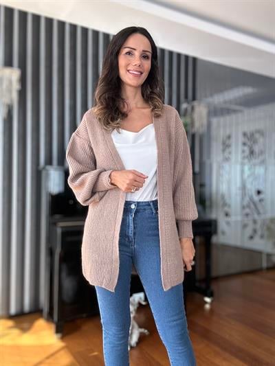 Açık Kahverengi Çift Kat Uzun Yün Hırka